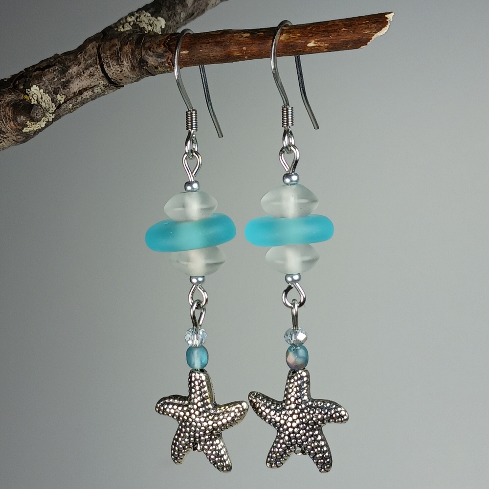 HAND CRAFTED Coastal Turquoise Aqua Beach Glass Silver Starfish Dangle Earrings